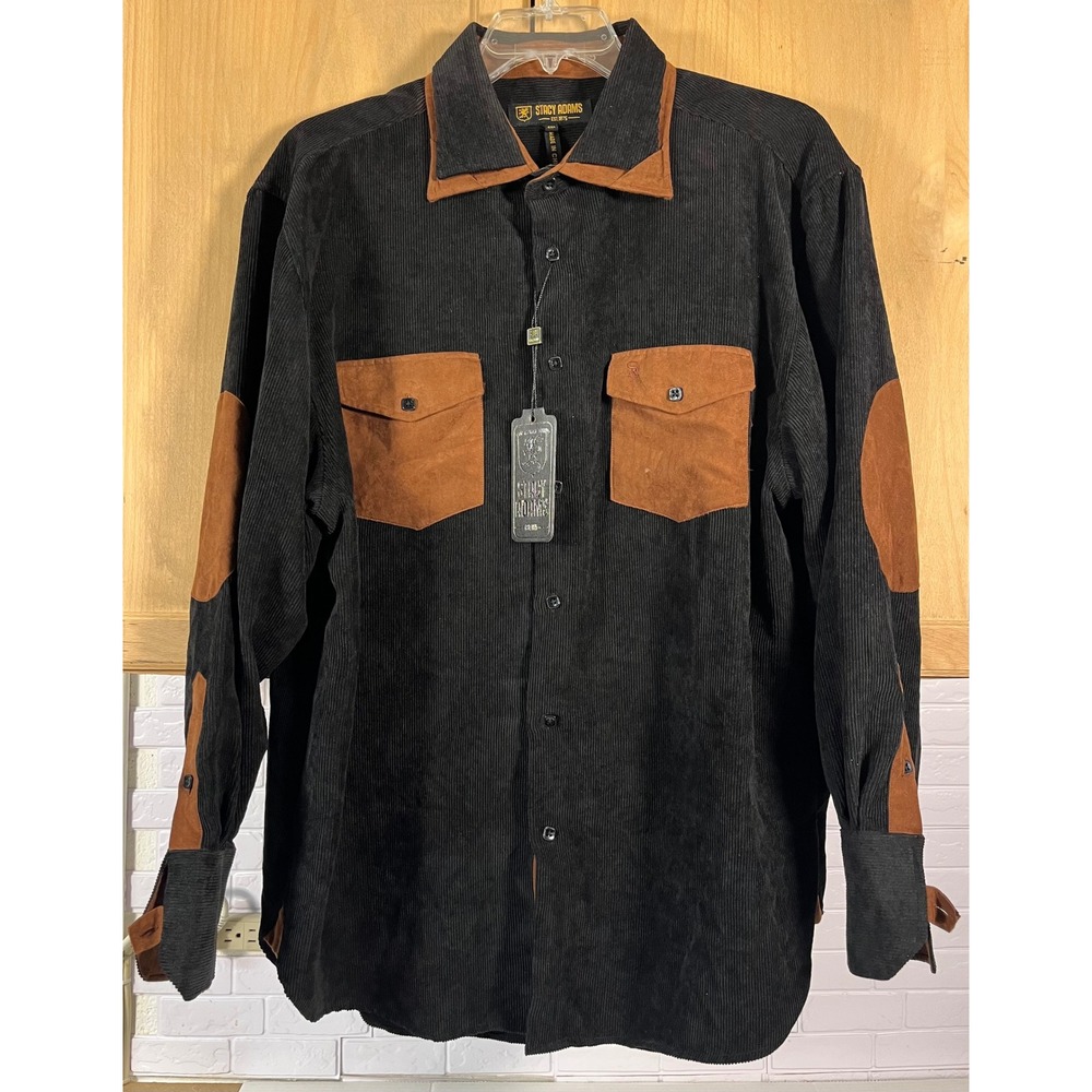 Stacy Adams Corduroy Shirt Mens 2XL Black Brown Faux Suede Elbow Patch NWT
